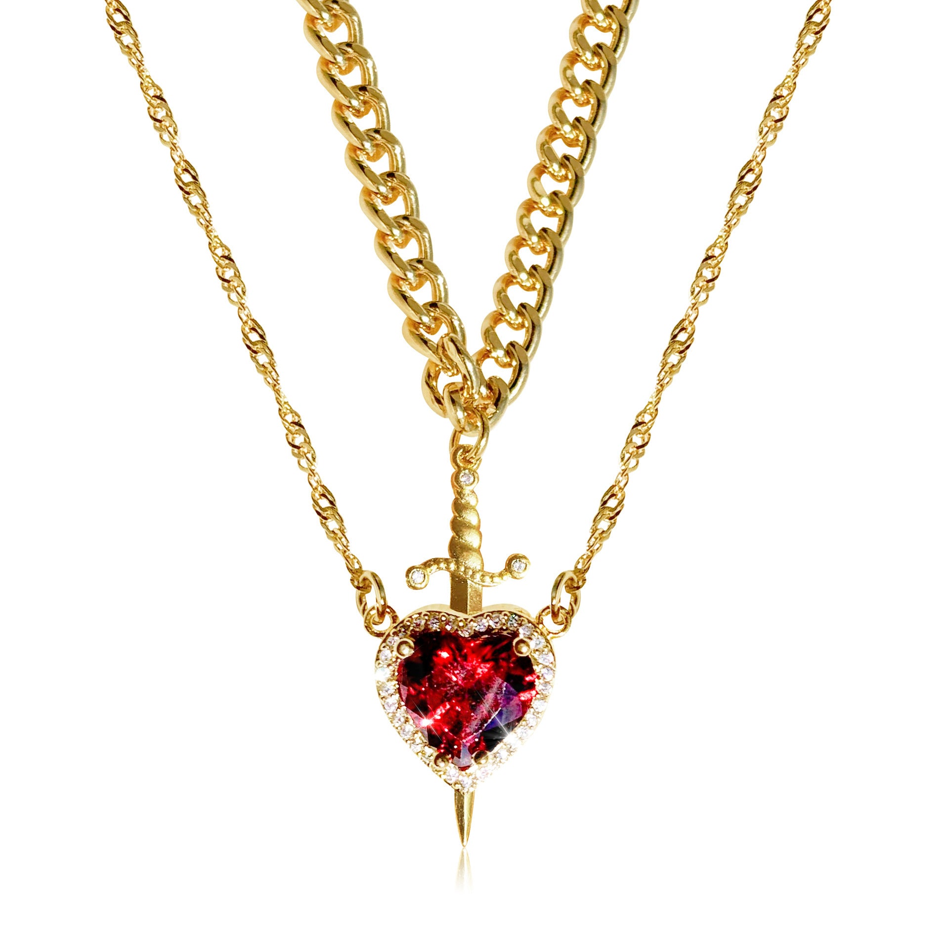 Gothic Heart Dagger Couple Necklace Set - Punk Arrow Through Heart Jewelry