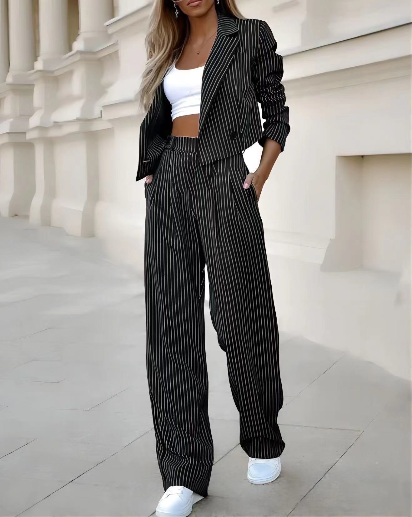 Women's Spring Fashion Striped Suits - Casual Lapel Long Sleeve Cropped Top And Straight Pants Outfits