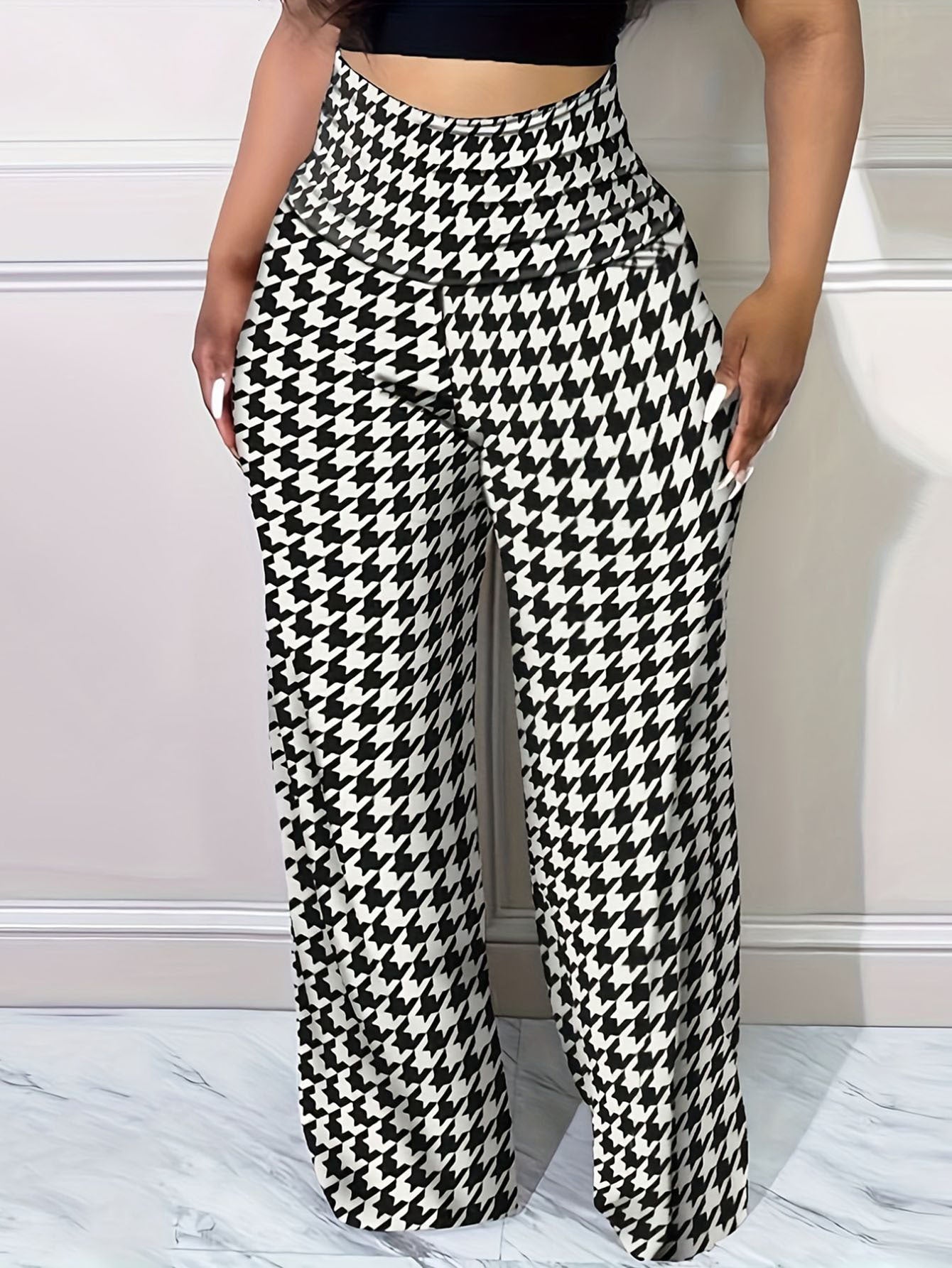 Plus Bird Check Comfortable Loose Women's Straight Leg Pants