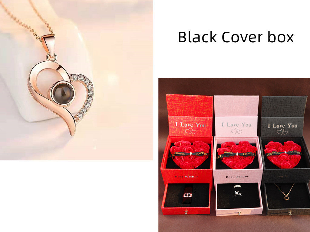 Valentine's Day Metal Rose Gift Set - Crystal Necklace with Gift Box