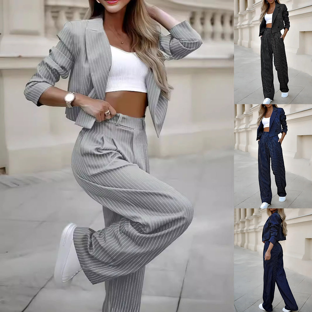 Women's Spring Fashion Striped Suits - Casual Lapel Long Sleeve Cropped Top And Straight Pants Outfits