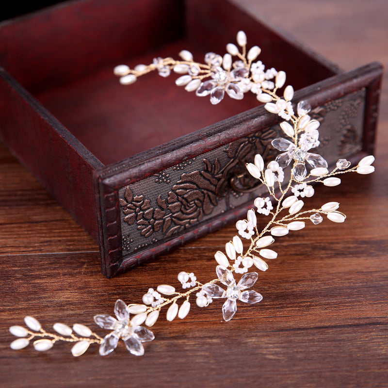 Pearl Bridal Hair Band - Wedding Headpiece with Gold Leaf Design