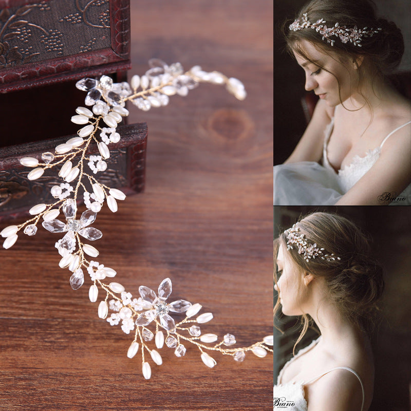 Pearl Bridal Hair Band - Wedding Headpiece with Gold Leaf Design