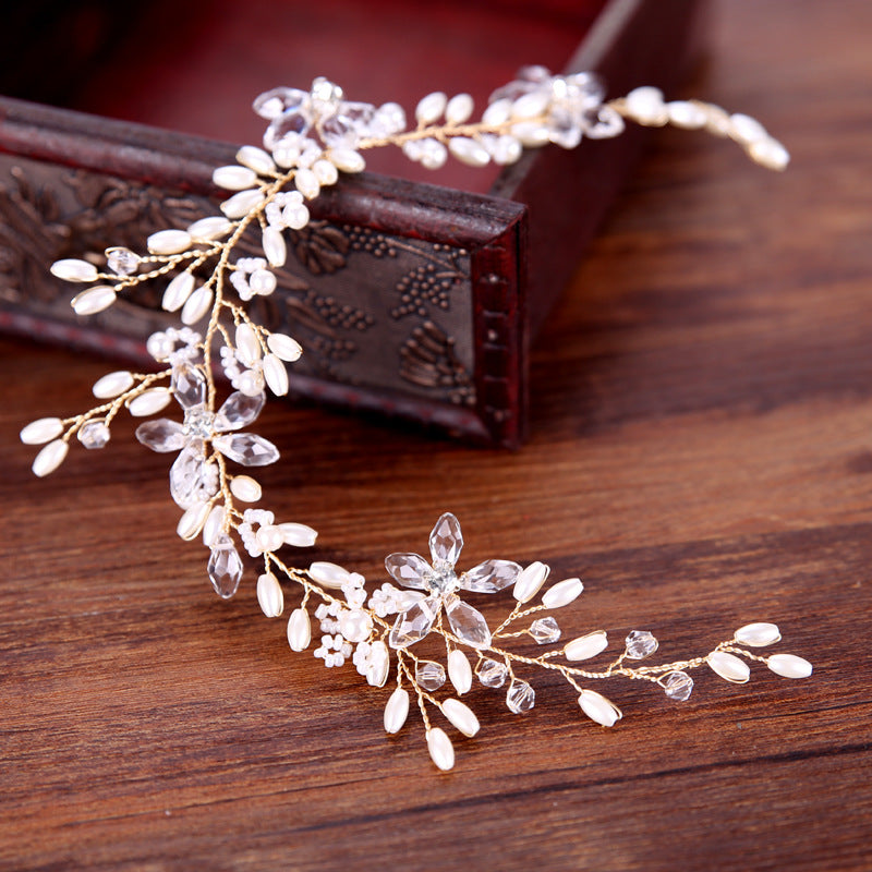 Pearl Bridal Hair Band - Wedding Headpiece with Gold Leaf Design
