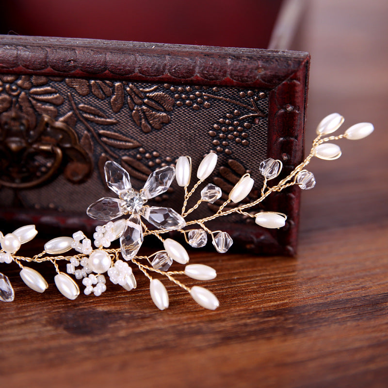 Pearl Bridal Hair Band - Wedding Headpiece with Gold Leaf Design