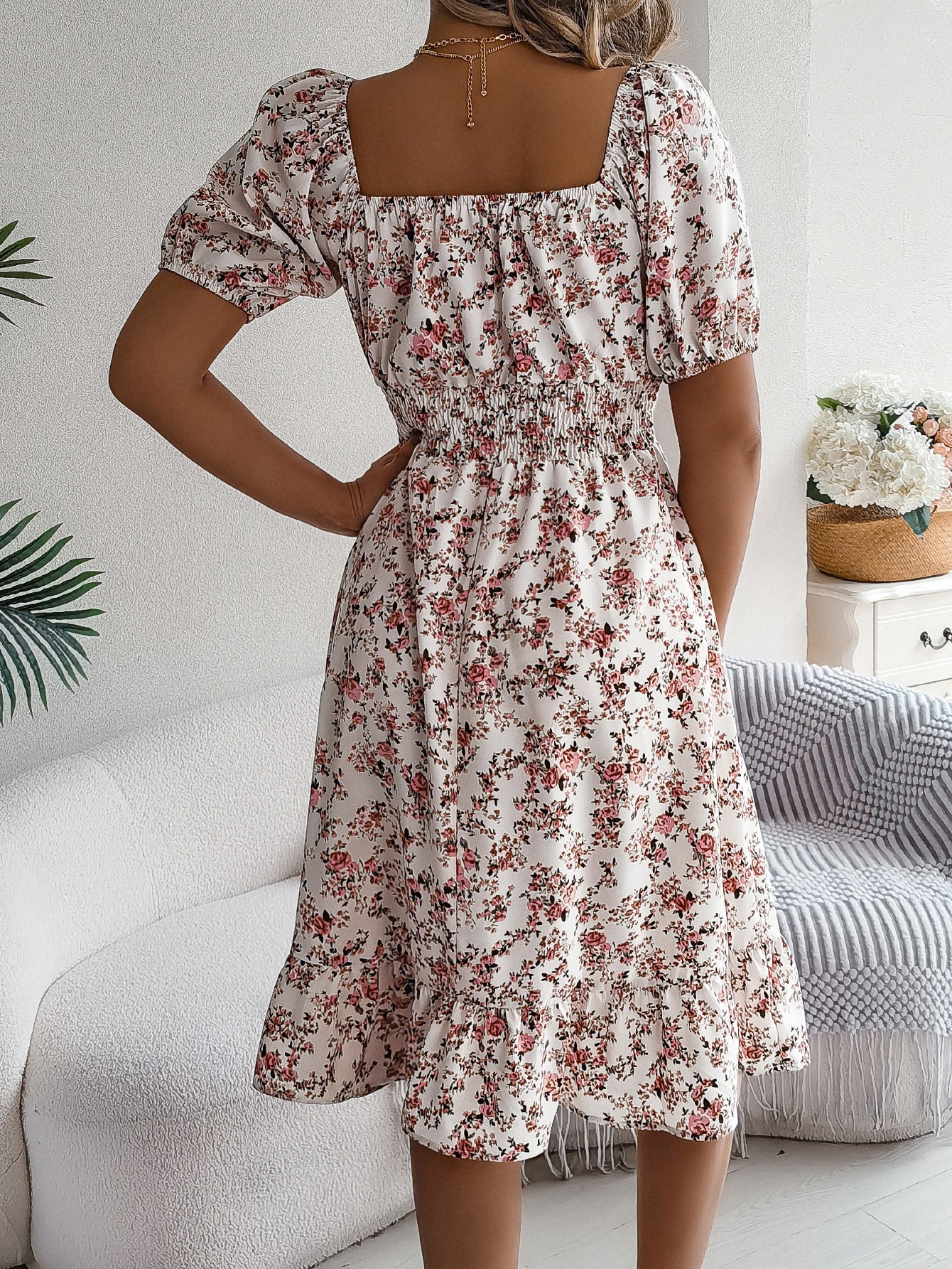 Floral Print Square Collar Dress - Summer Fashion