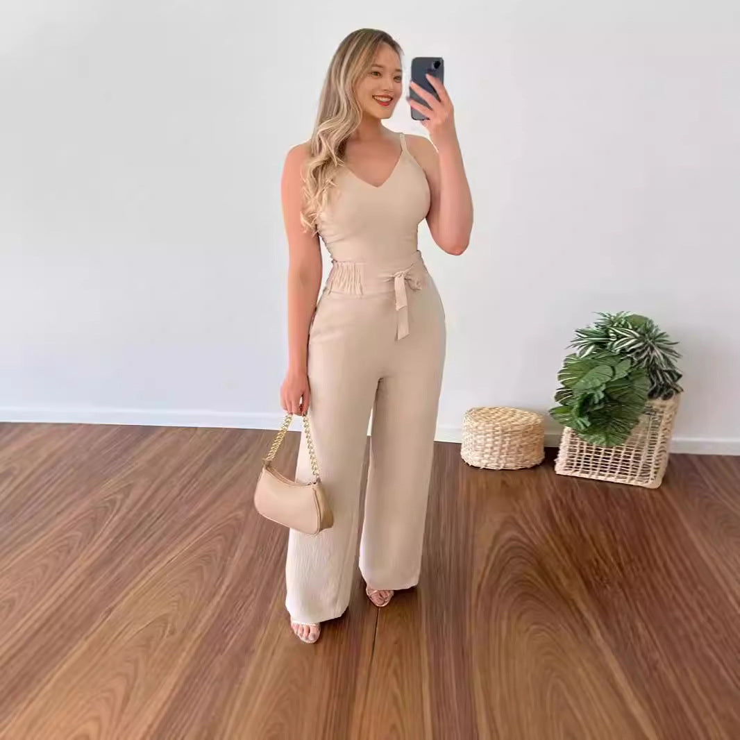 Elegant Women's Two-Piece Suit - Wide Leg Pants & Spaghetti Strap Vest