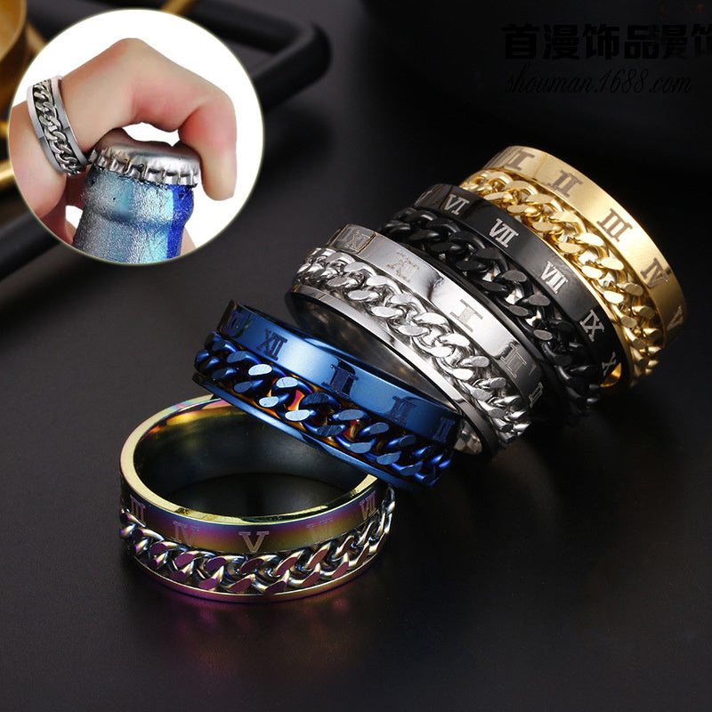 Titanium Steel Spinner Ring - Men's Rotatable Roman Letter Bottle Opener Ring
