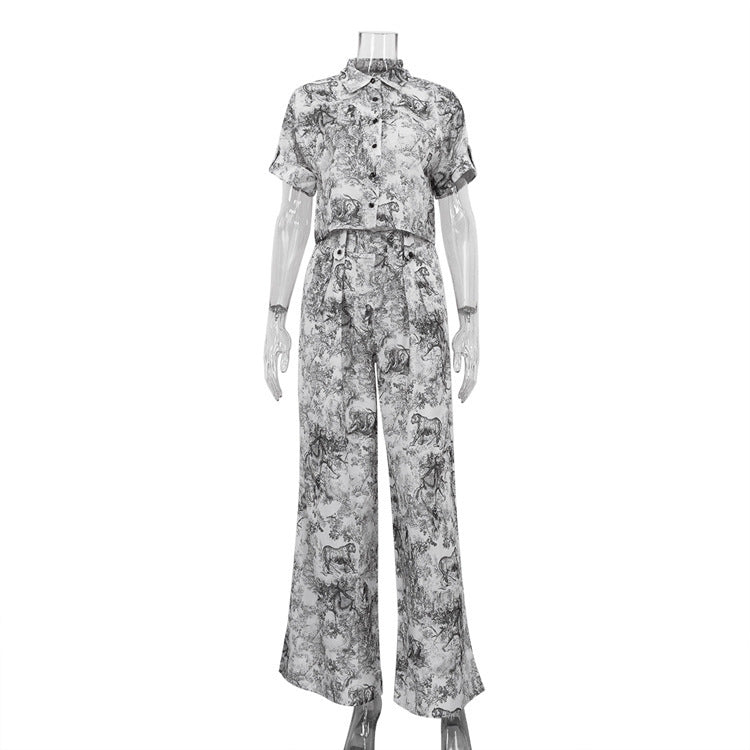 Ink Painting Printing Lapel Short Shirt High Waist Wide Leg Pants Two-piece Set
