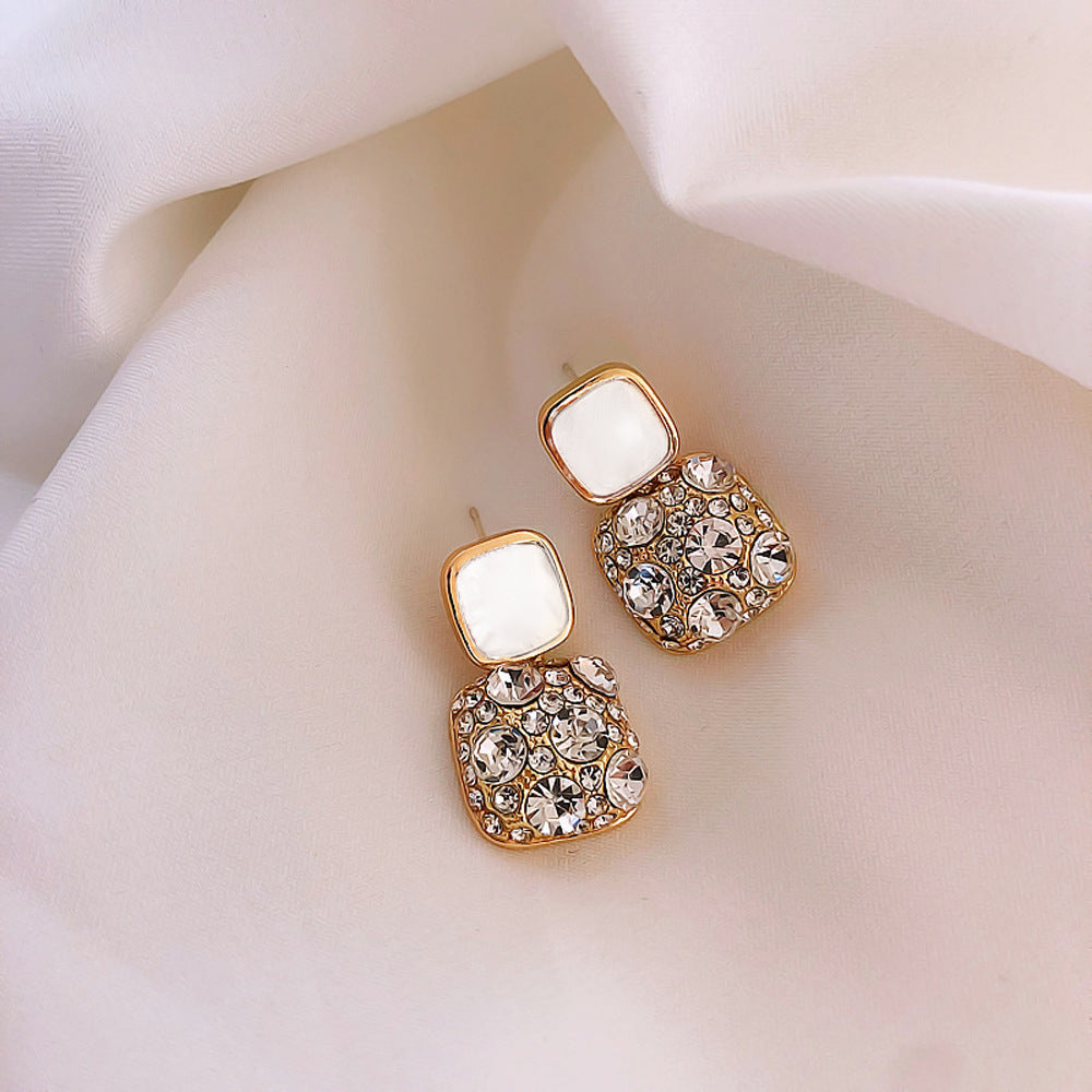 Rhinestone Cube Earrings - Korean Style Geometric Fashion Jewelry