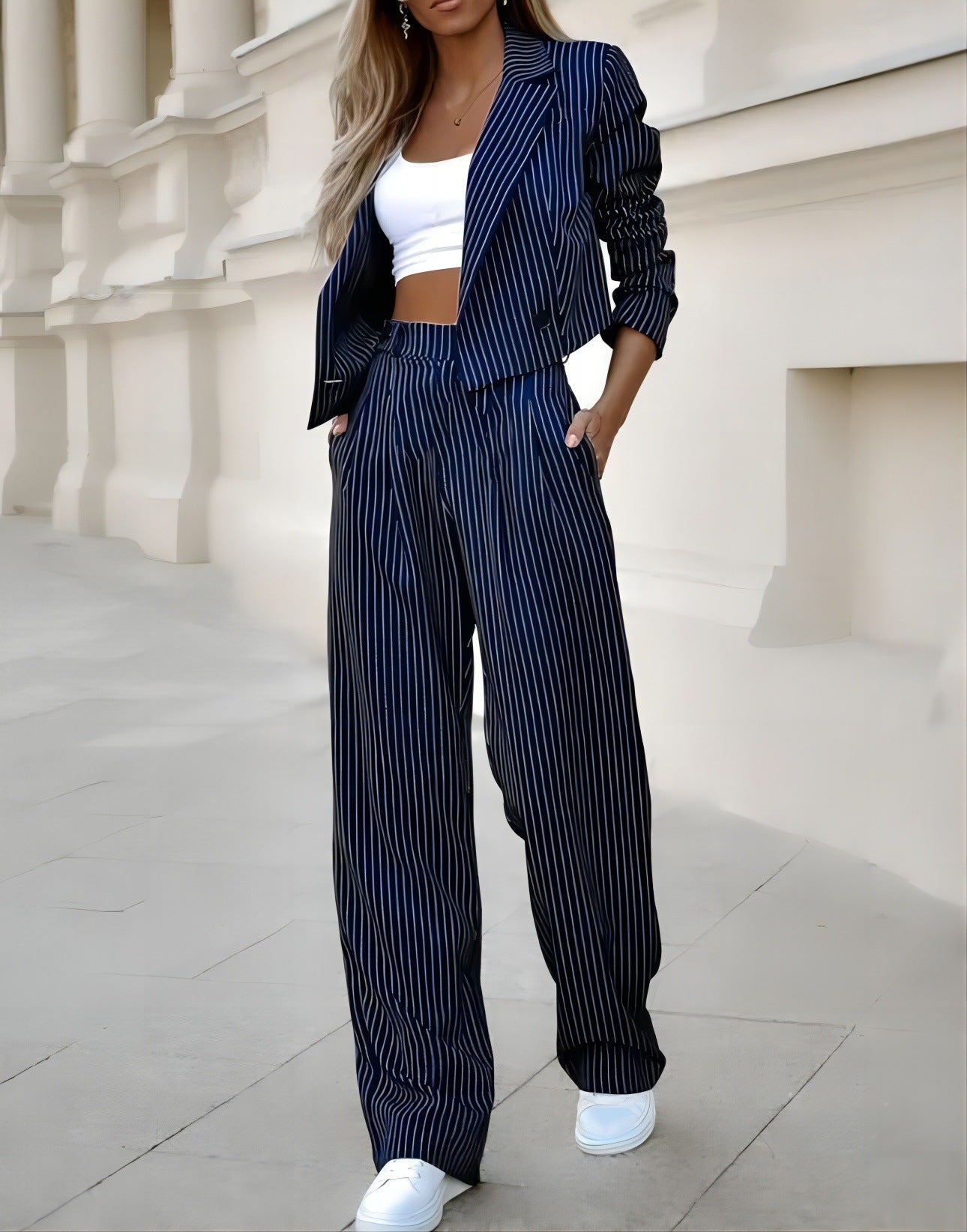 Women's Spring Fashion Striped Suits - Casual Lapel Long Sleeve Cropped Top And Straight Pants Outfits