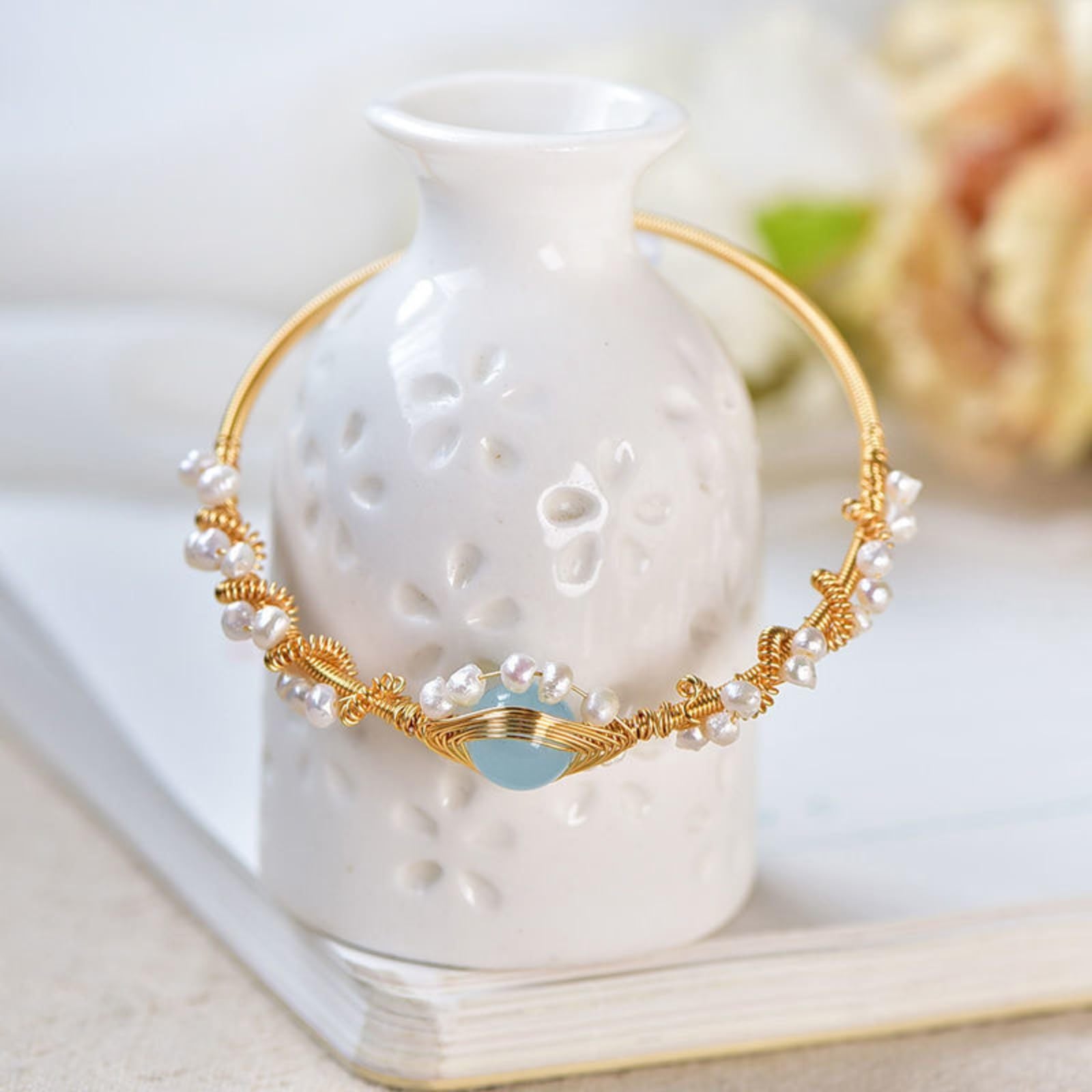 Gold Pearl Bracelet - Vintage Wire Braided Cuff for Women