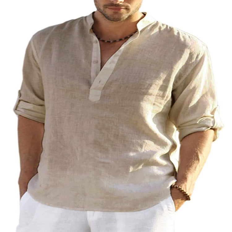 Men's Cotton Linen Long Sleeve Shirt - Stand Collar