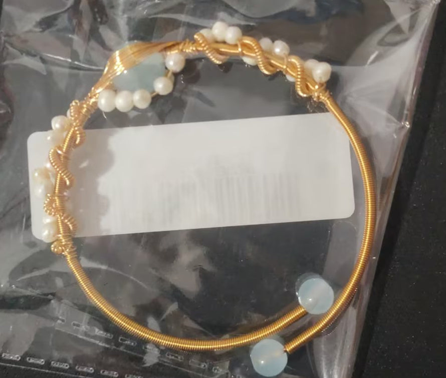 Gold Pearl Bracelet - Vintage Wire Braided Cuff for Women