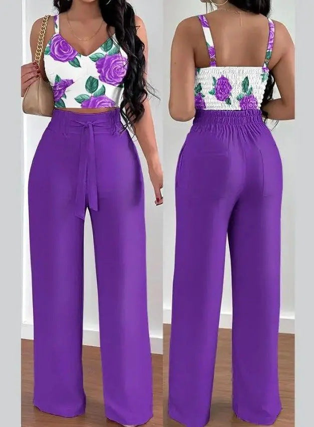 Elegant Women's Two-Piece Suit - Wide Leg Pants & Spaghetti Strap Vest