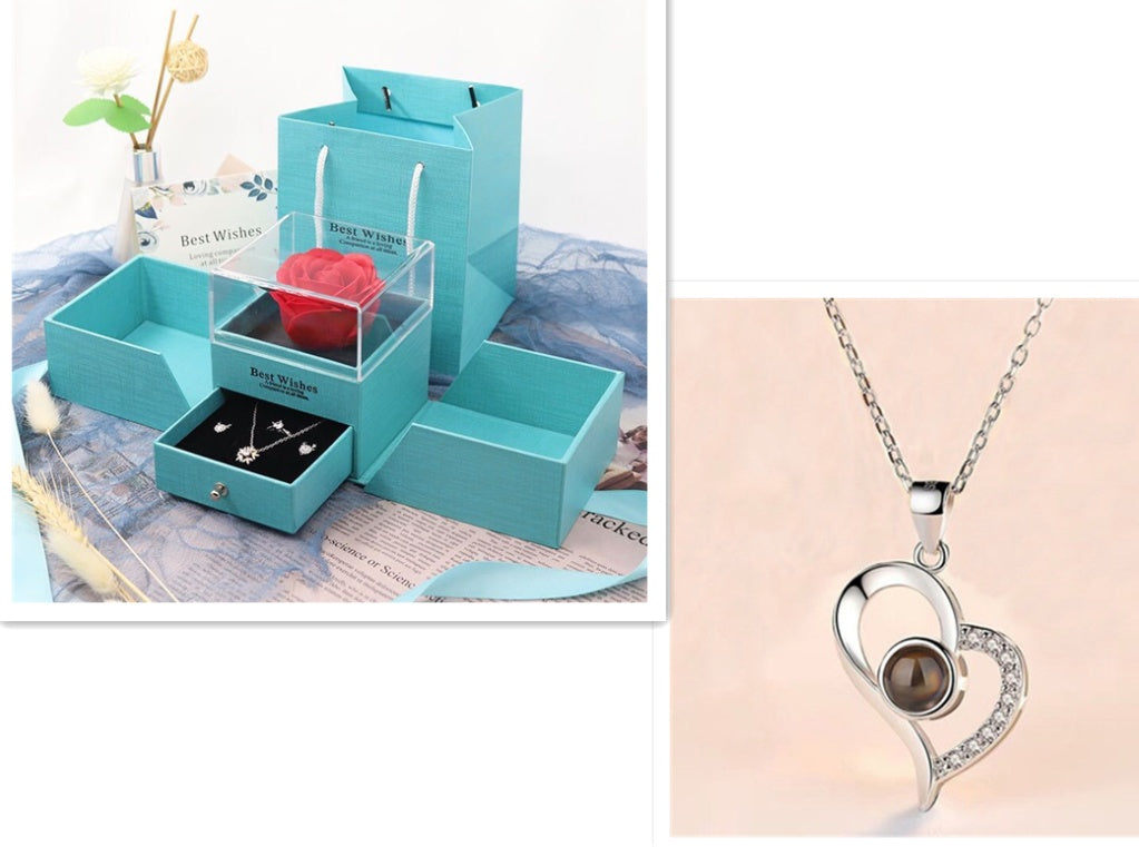 Valentine's Day Metal Rose Gift Set - Crystal Necklace with Gift Box