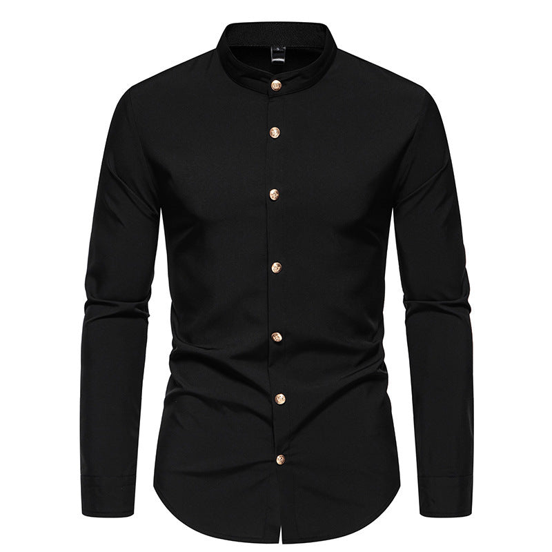 Men's Solid Color Dress Shirt - Metal Button Long Sleeve