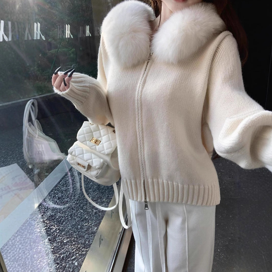 Women's Imitation Fox Fur Collar Sweater - Stylish & Warm