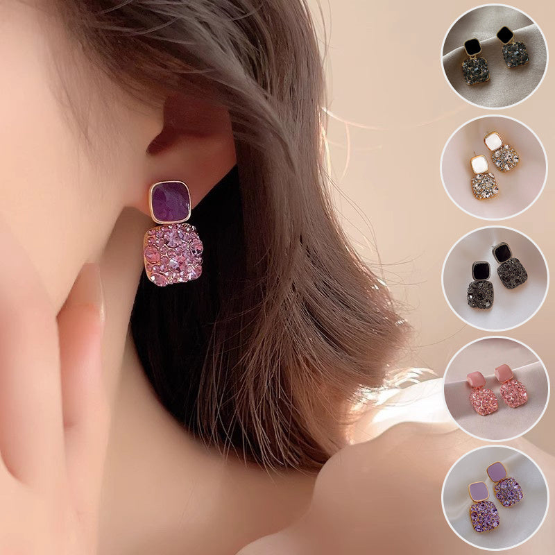Rhinestone Cube Earrings - Korean Style Geometric Fashion Jewelry