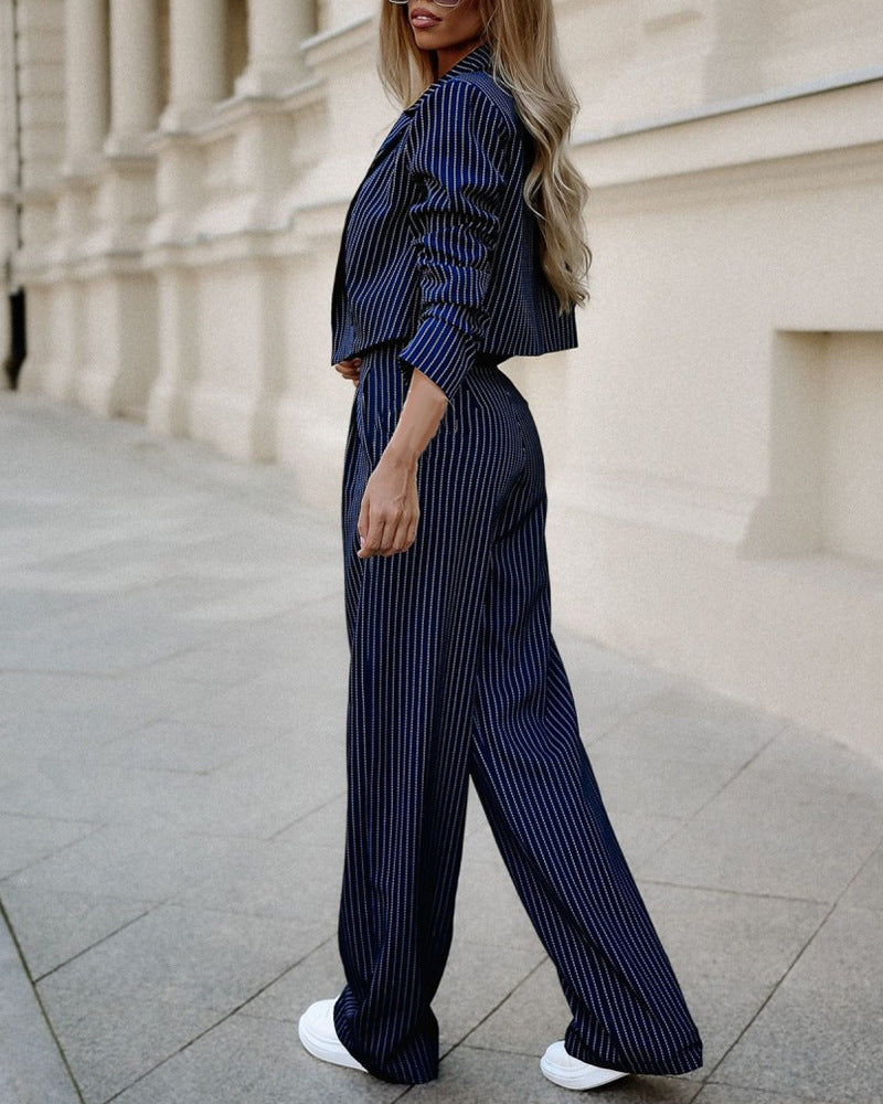 Women's Spring Fashion Striped Suits - Casual Lapel Long Sleeve Cropped Top And Straight Pants Outfits