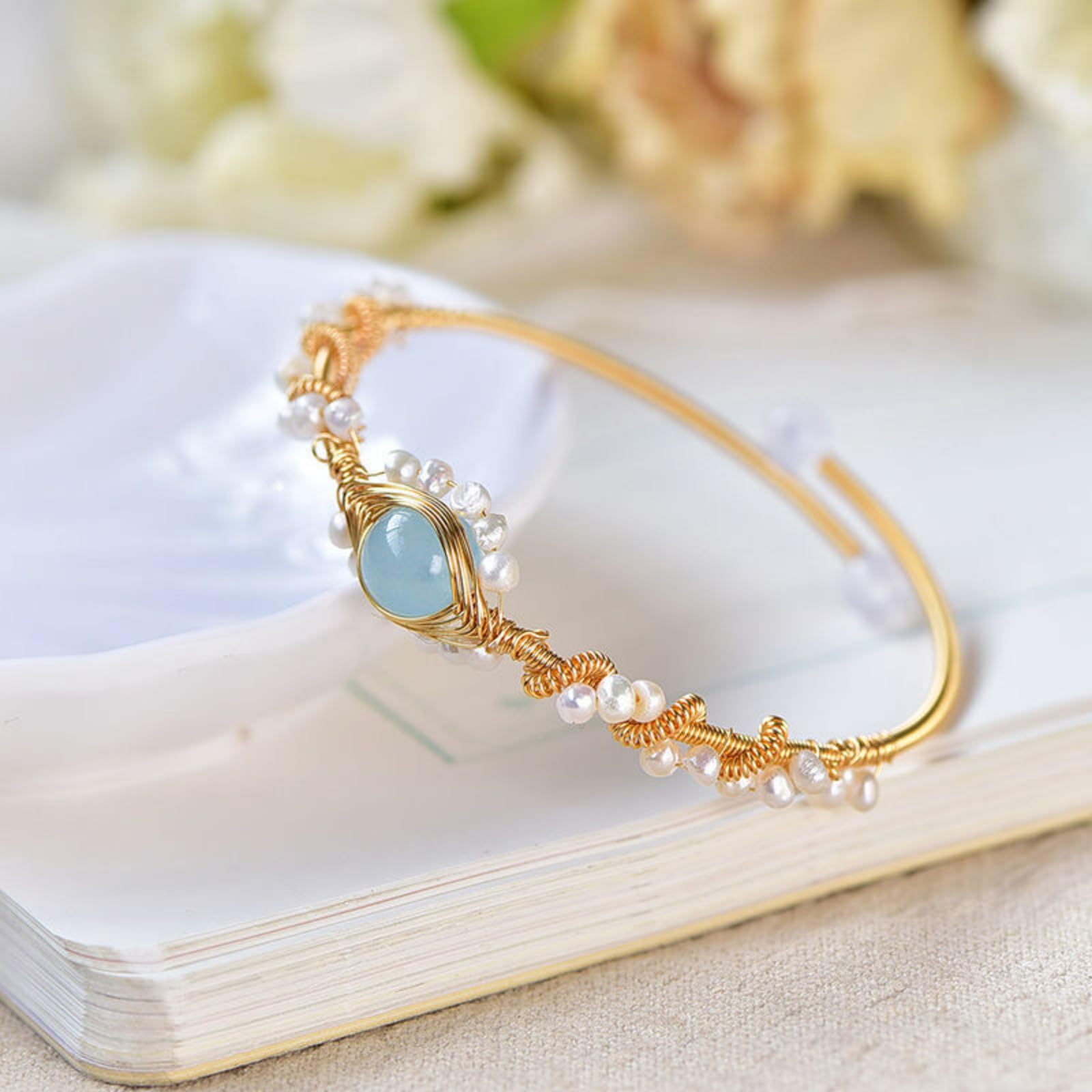 Gold Pearl Bracelet - Vintage Wire Braided Cuff for Women