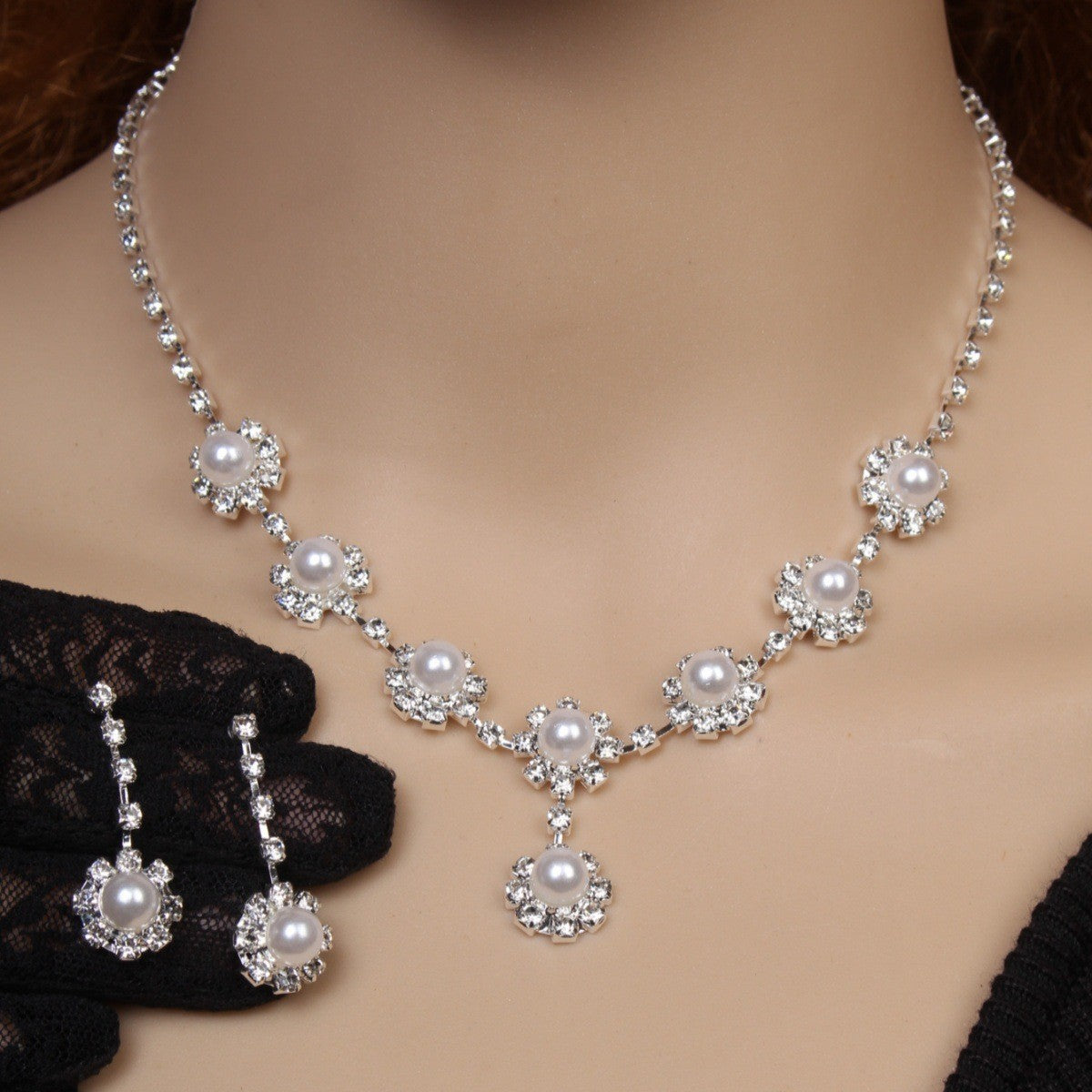 Rhinestone Jewelry Set - Korean Style Necklace and Earrings for Women