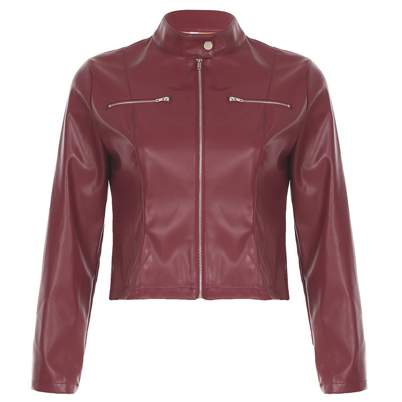 PU Leather Zipper Pocket Slim Fit Slimming Long Sleeves - Stylish & Functional