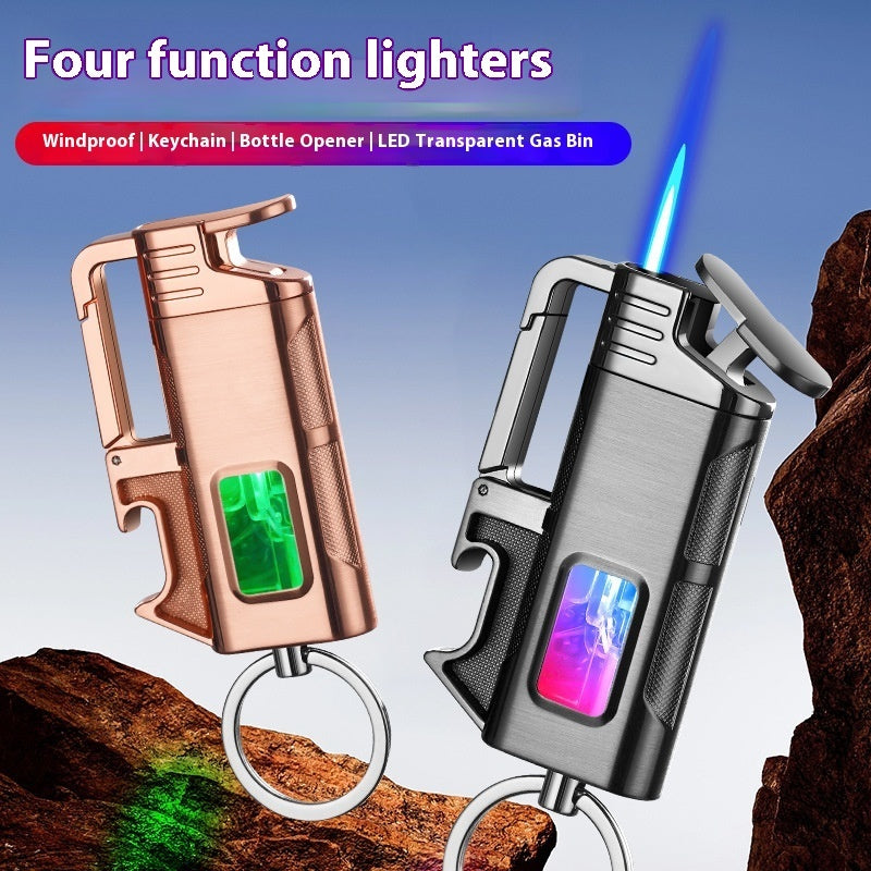 Multifunctional keychain with beer opener and blue flame torch lighter in metallic finish