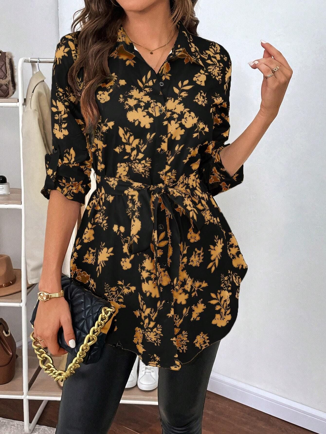Women's Floral Print Shirt | Belt Long-Sleeved Shirt | iukstore