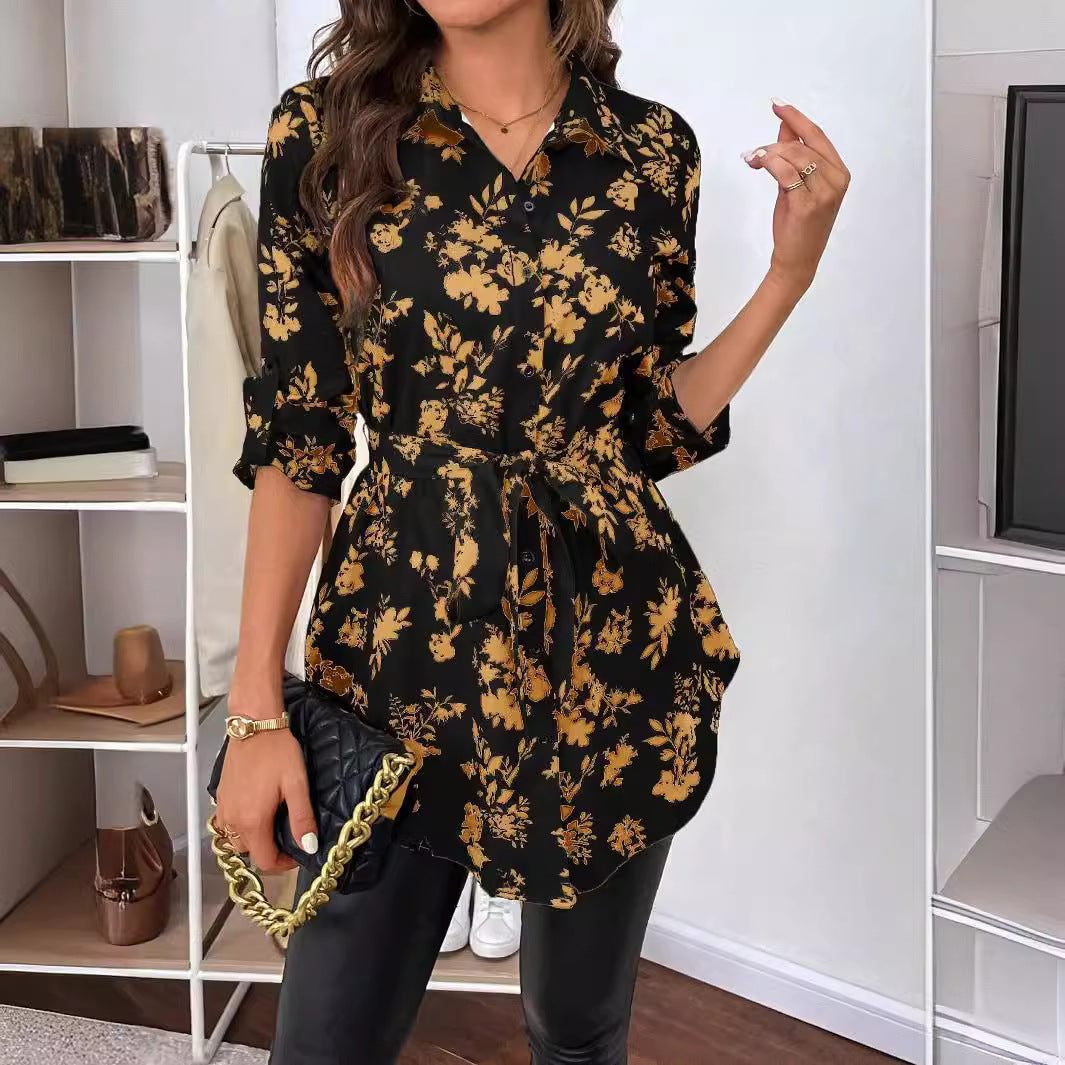 Women's Floral Print Shirt | Belt Long-Sleeved Shirt | iukstore