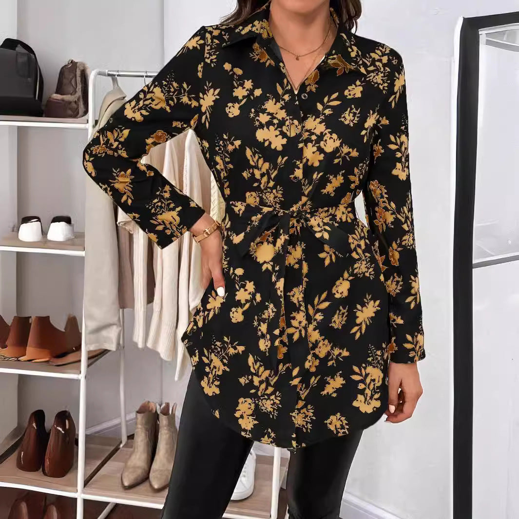 Women's Floral Print Shirt | Belt Long-Sleeved Shirt | iukstore