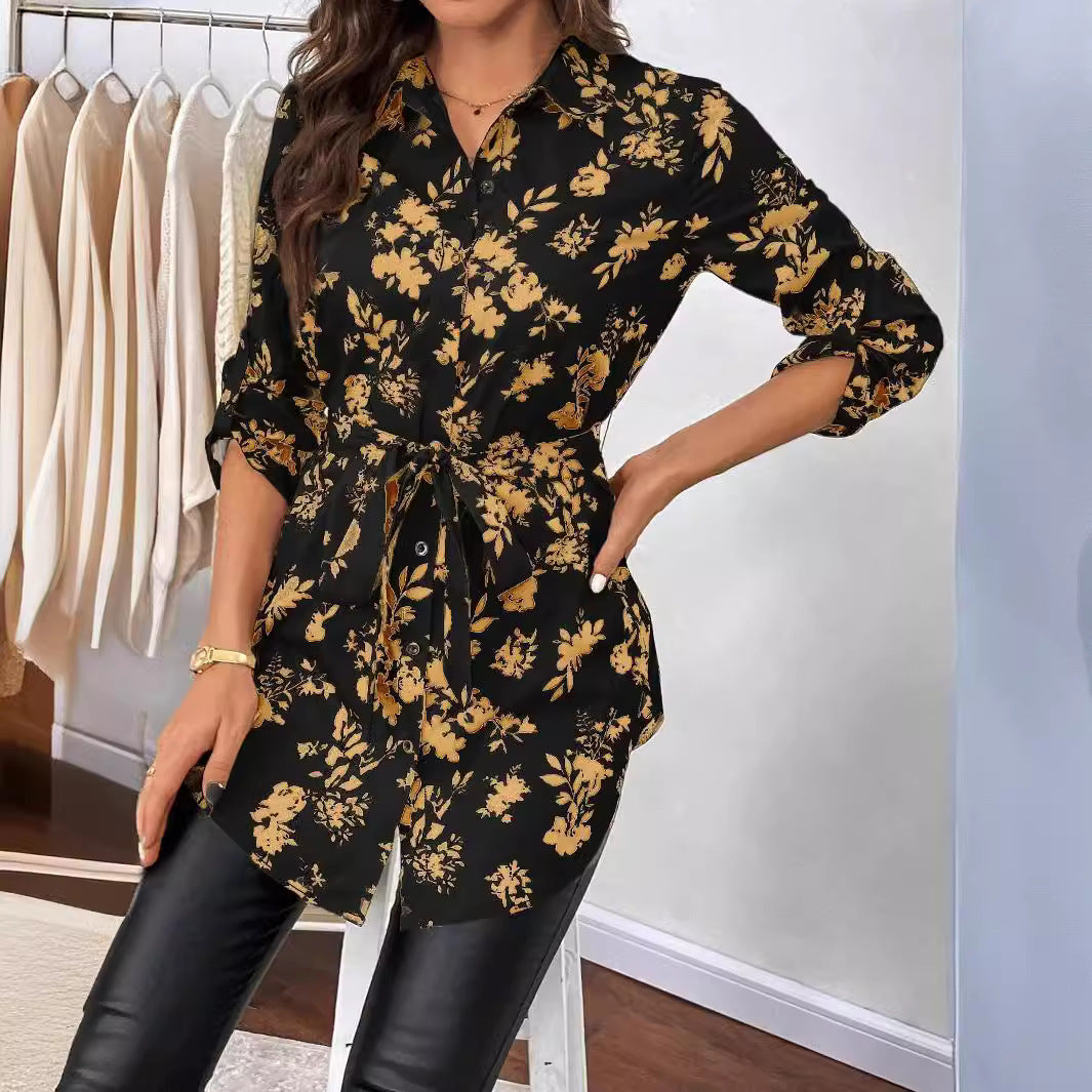 Women's Floral Print Shirt | Belt Long-Sleeved Shirt | iukstore