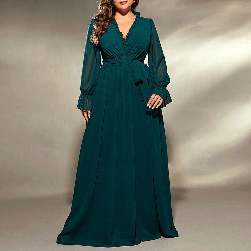 Elegant Green Chiffon Dress - Women's Long Sleeve Formal Dress