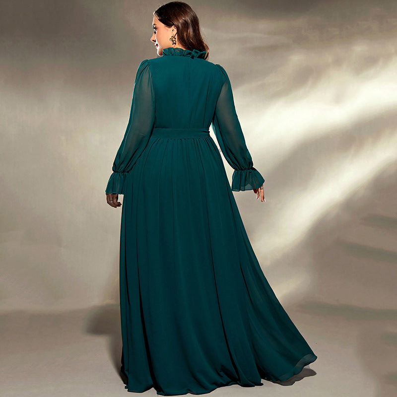 Elegant Green Chiffon Dress - Women's Long Sleeve Formal Dress