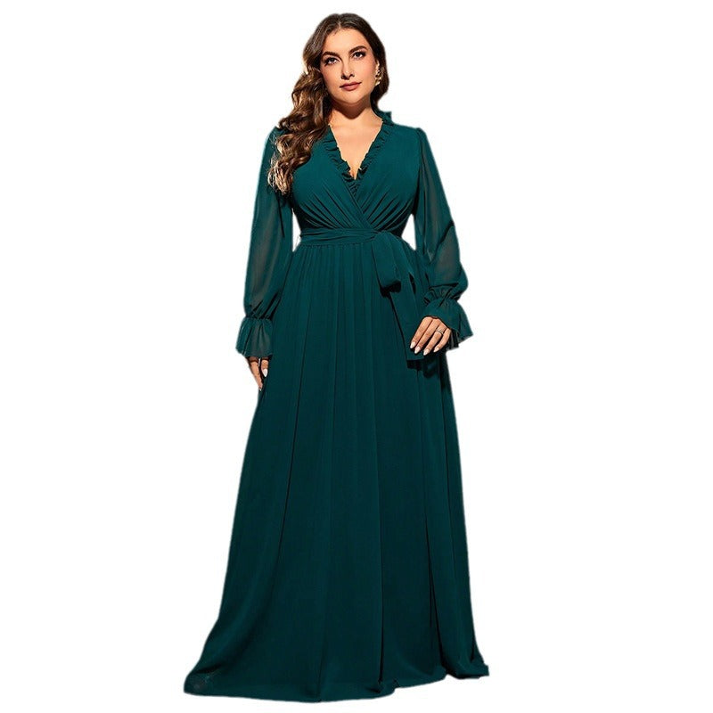 Elegant Green Chiffon Dress - Women's Long Sleeve Formal Dress