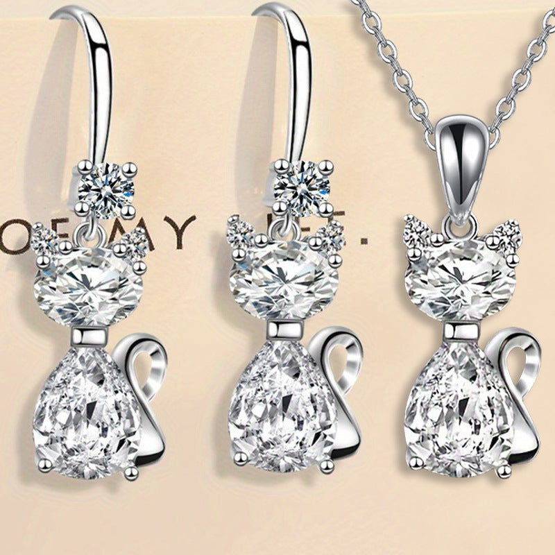 Shiny Exquisite Luxury Cat Pendant Necklace Earrings