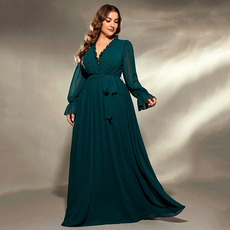 Elegant Green Chiffon Dress - Women's Long Sleeve Formal Dress