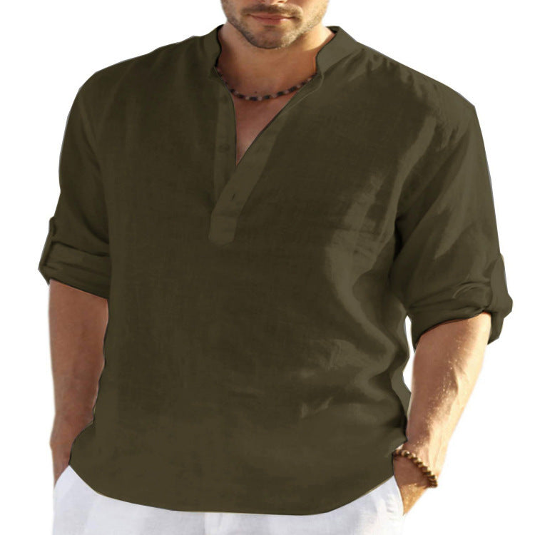 Men's Cotton Linen Long Sleeve Shirt - Stand Collar