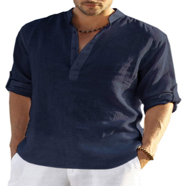 Men's Cotton Linen Long Sleeve Shirt - Stand Collar