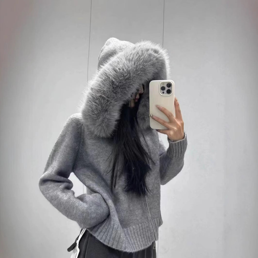 Women's Imitation Fox Fur Collar Sweater - Stylish & Warm