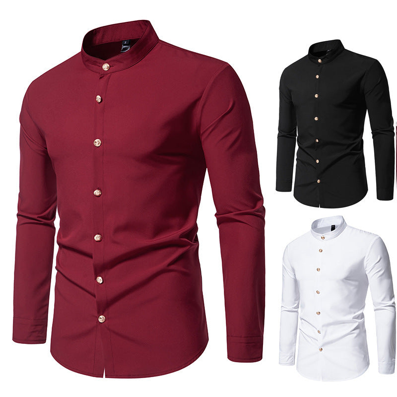 Men's Solid Color Dress Shirt - Metal Button Long Sleeve