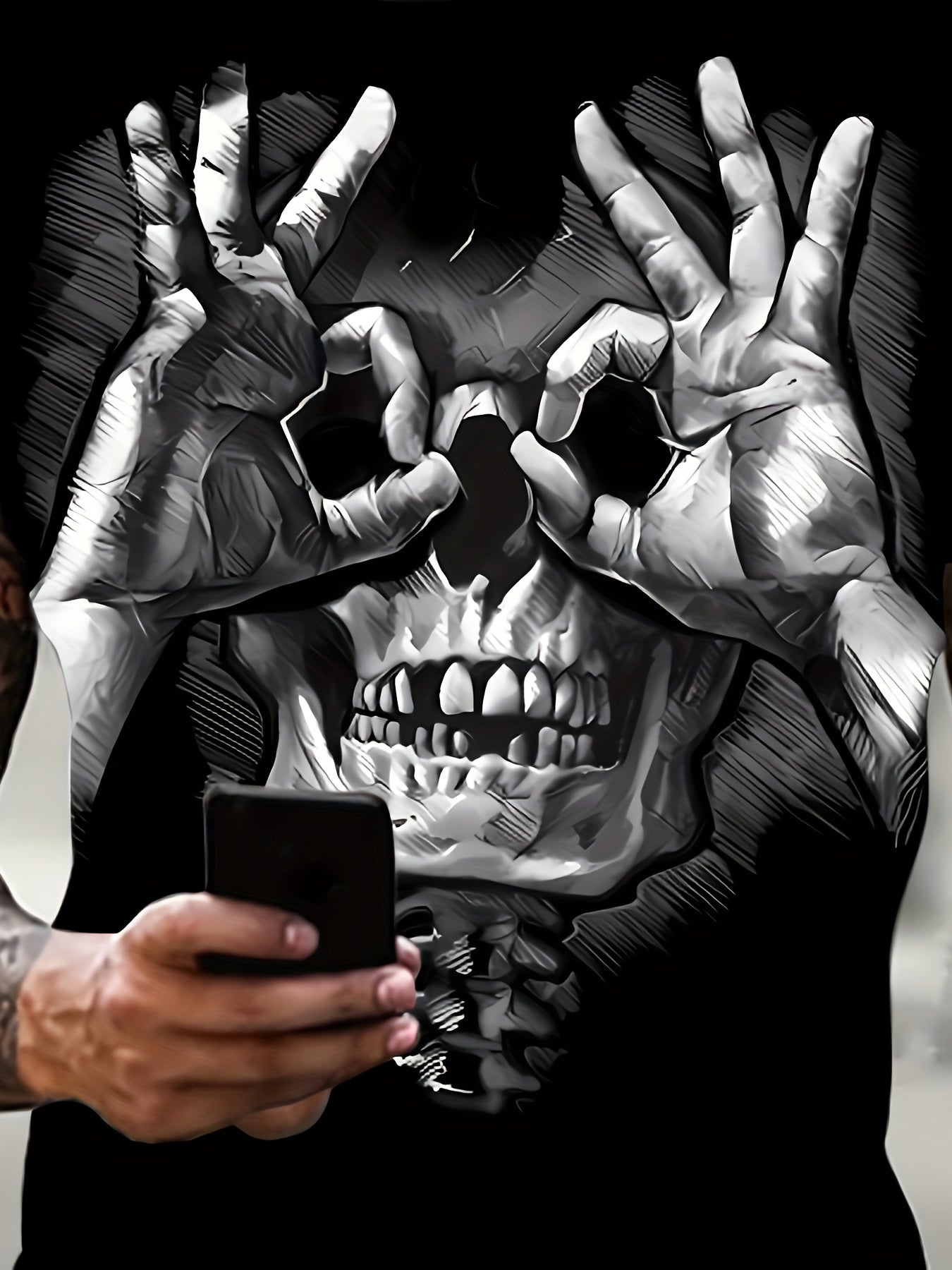 Creative Skull Print T-shirt - Men's Casual Street Style Elastic Round Neck T-shirt, Suitable For Summer