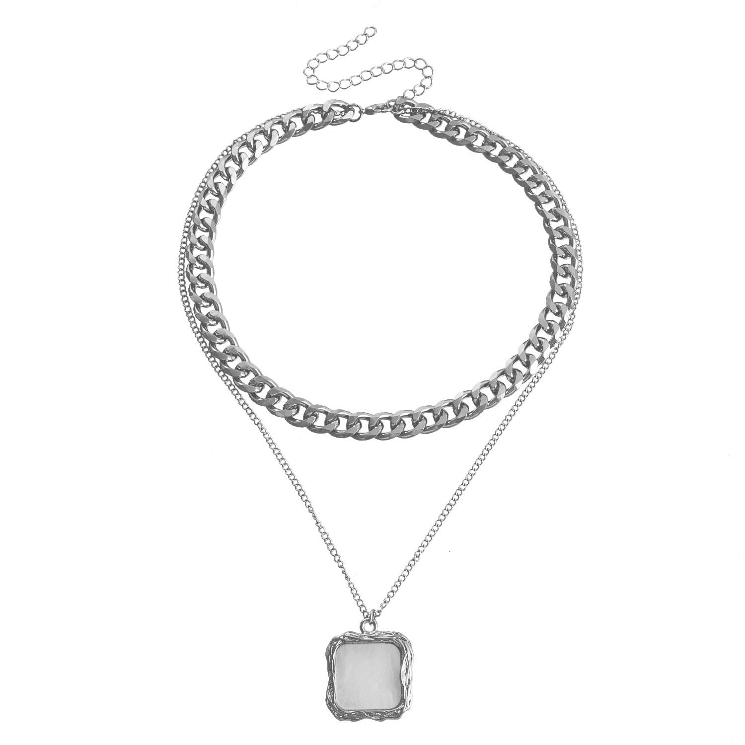 Double Layer Shell Necklace - White Metal Layered Pendant Jewelry