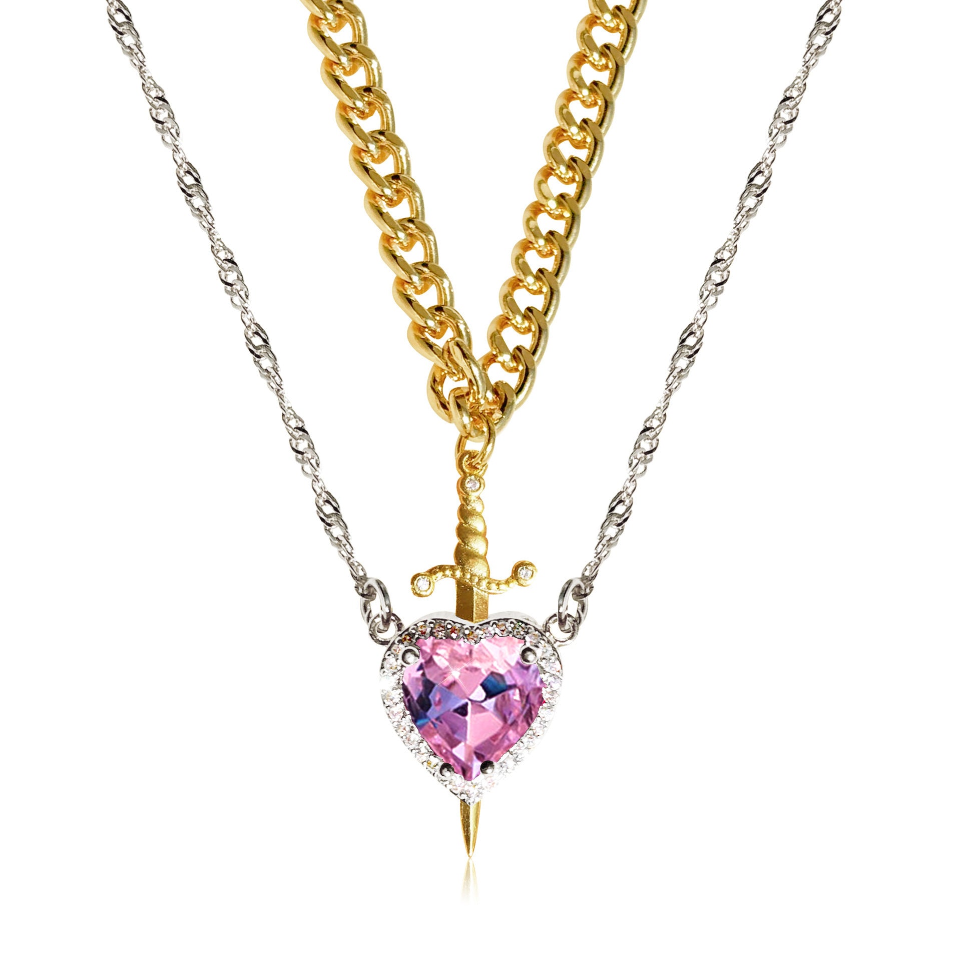Gothic Heart Dagger Couple Necklace Set - Punk Arrow Through Heart Jewelry