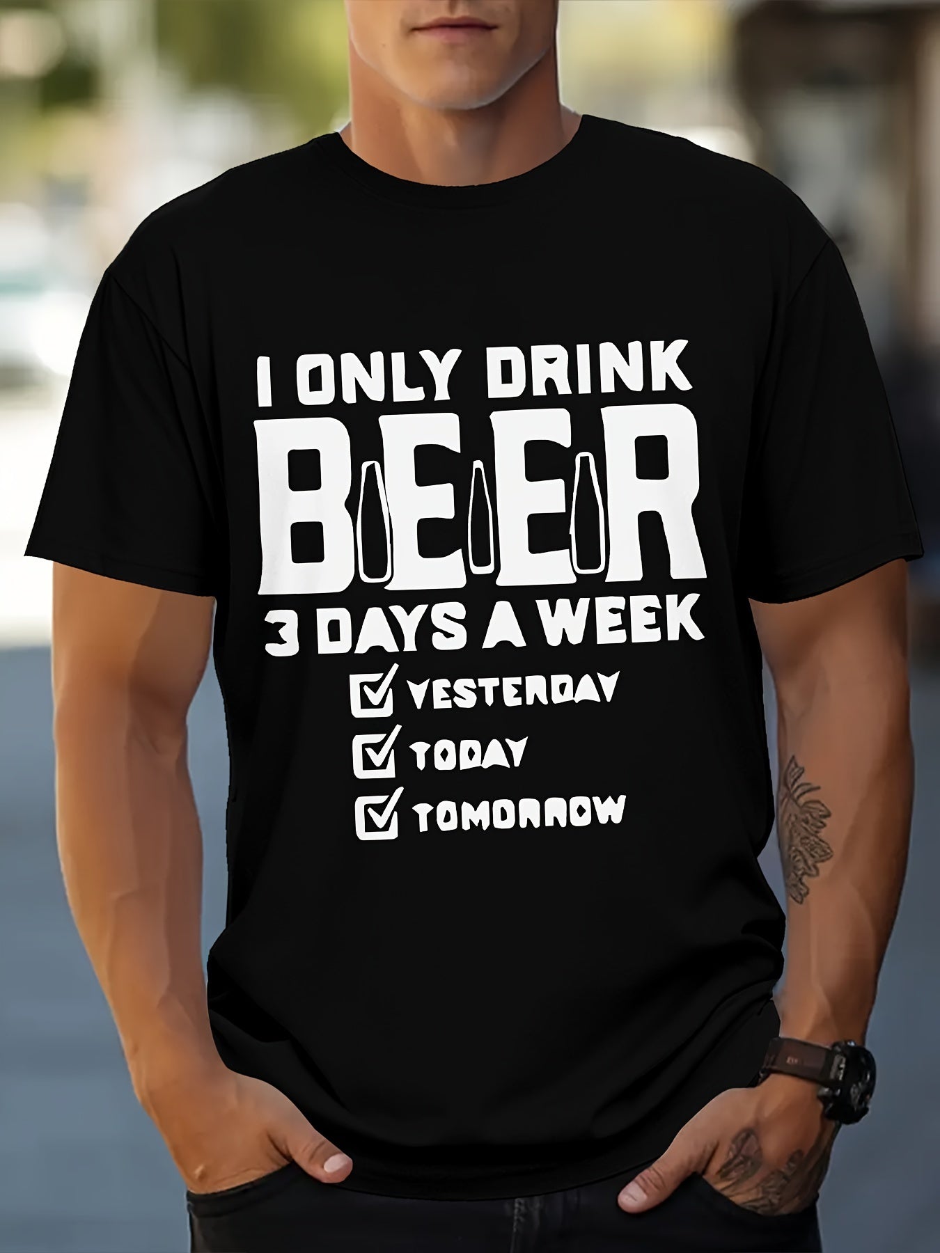 Men's Beer Patterned T-shirt - Short Sleeved Round Neck T-shirt for Summer