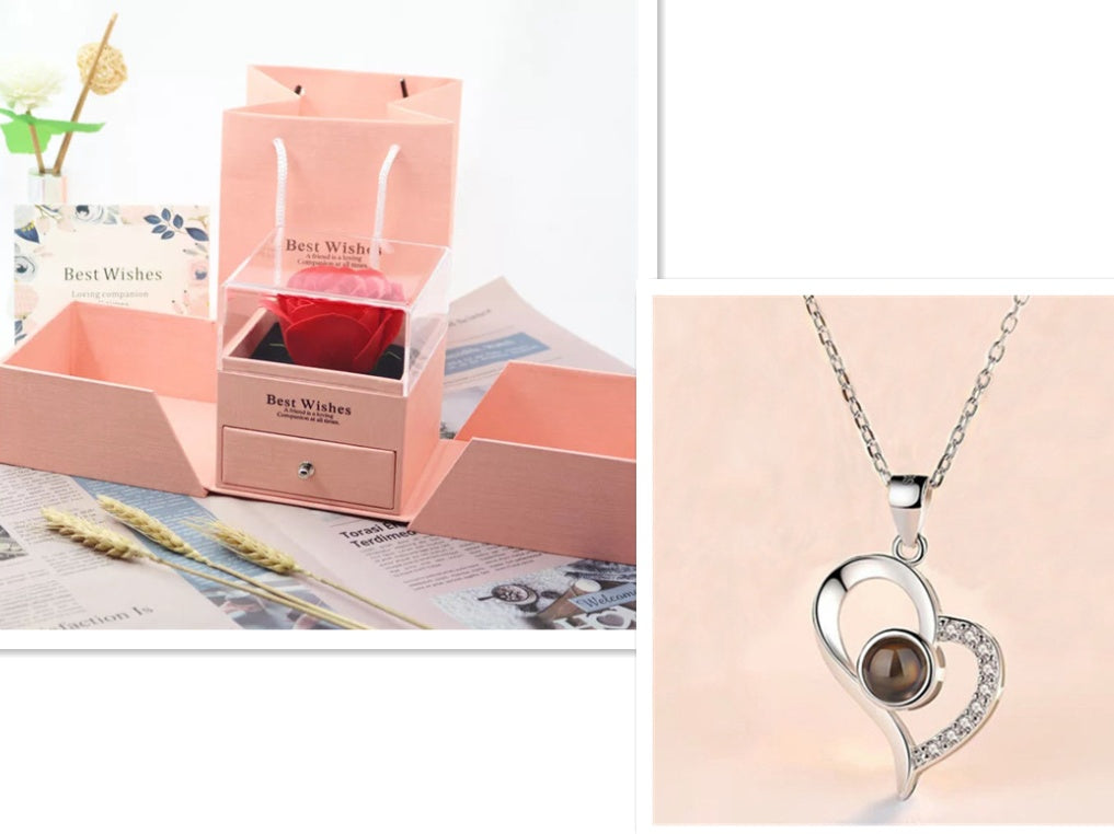 Valentine's Day Metal Rose Gift Set - Crystal Necklace with Gift Box