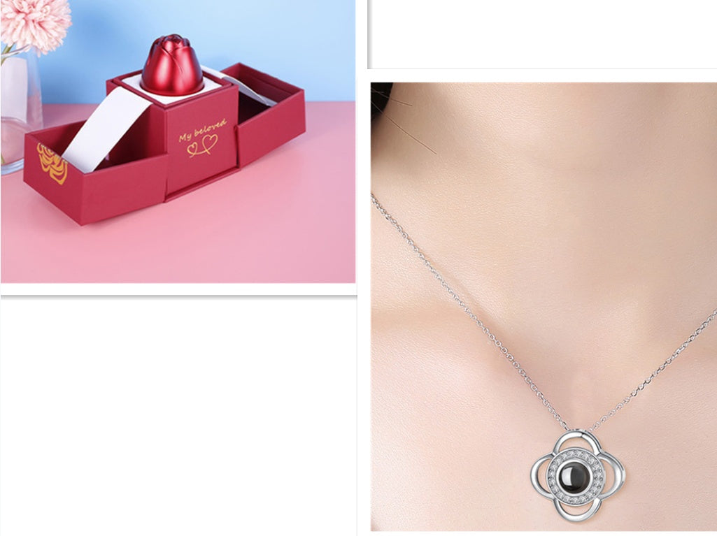 Valentine's Day Metal Rose Gift Set - Crystal Necklace with Gift Box