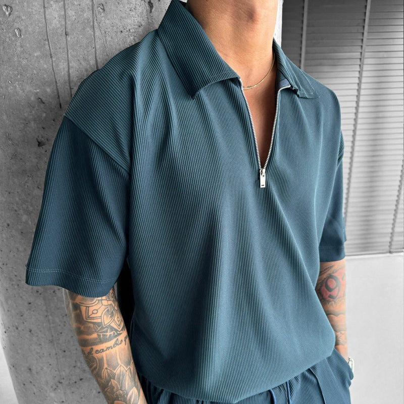 Summer Fashion Mens Clothing - Zipper Polo & Shorts Set
