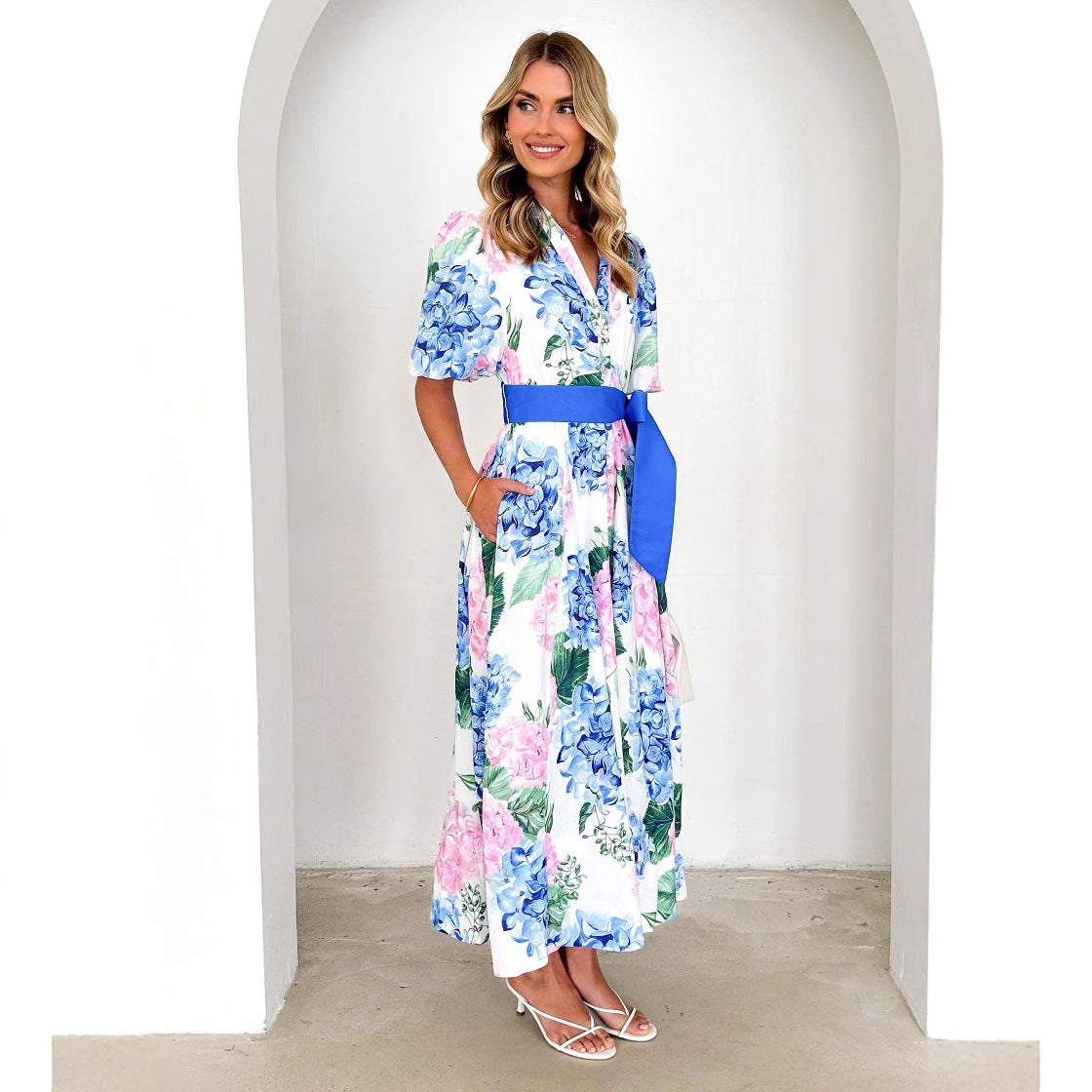 Bohemian Floral Print Short Sleeve A-Line Dress with Belt