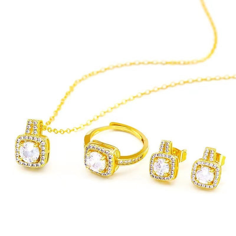 Gold Zircon Jewelry Set - Necklace Earrings Ring Wedding Set
